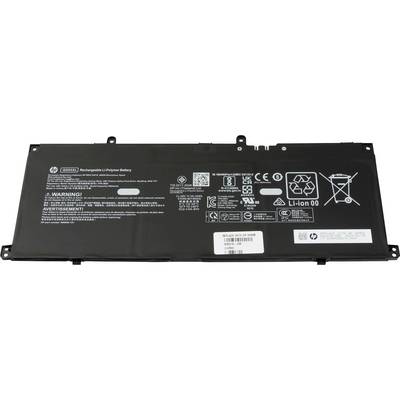 De afbeelding toont een rechthoekige lithium-ion polymeer laptopaccu met labels die recycling- en waarschuwingssymbolen, alsmede technische specificaties bevatten.