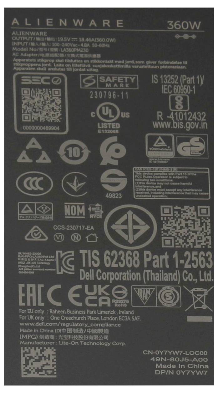 'Alienware 360W voedingsadapter-etiket met veiligheidscertificeringen, logo's, model- en fabrikantinformatie, nalevingscodes en QR-code.'