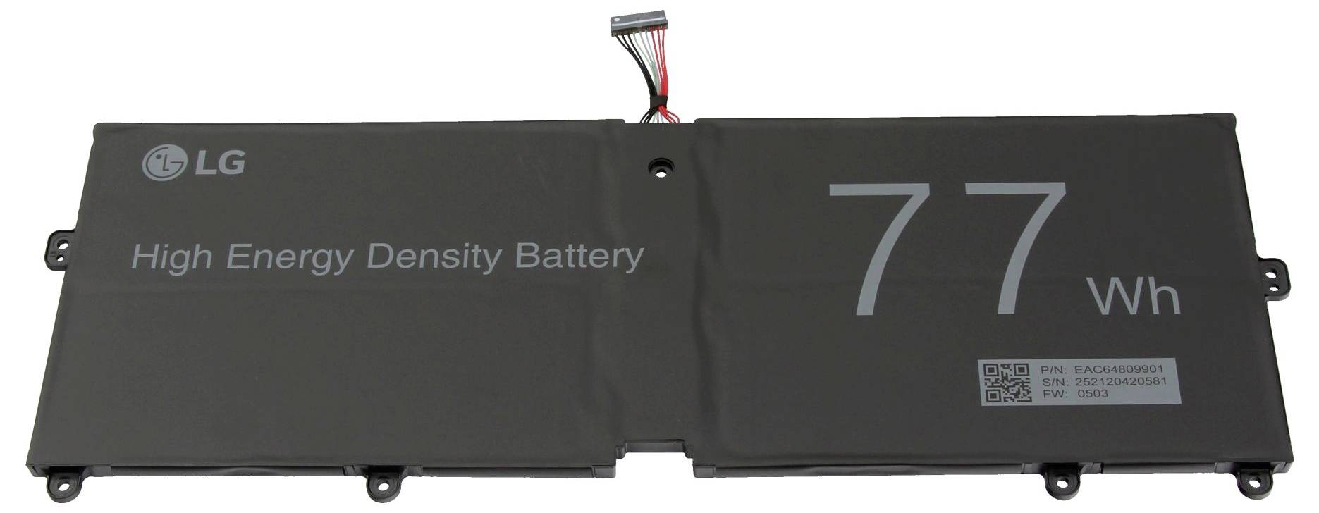 Een rechthoekige zwarte batterij met de tekst 'Batterij met Hoge Energiedichtheid' en '77 Wh'. Vier kleine draden steken uit de bovenkant.