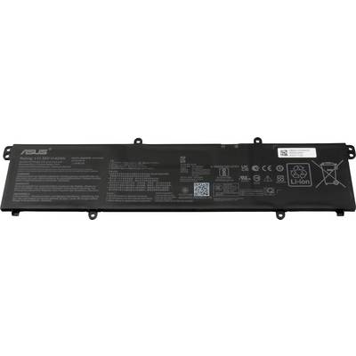 Een rechthoekige lithium-ion laptopbatterij met verschillende labels, pictogrammen en specificaties, inclusief spanning- en capaciteitsgegevens.