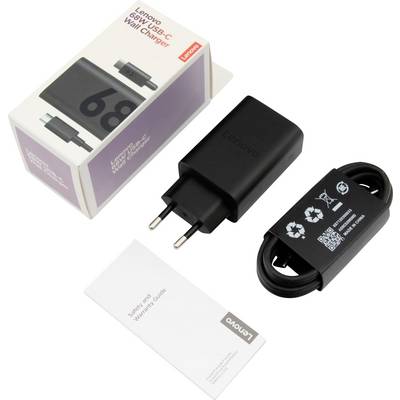 'Lenovo 68W USB-C Wandoplader' doos, oplader, kabel en Veiligheids-/Garantiegids weergegeven.