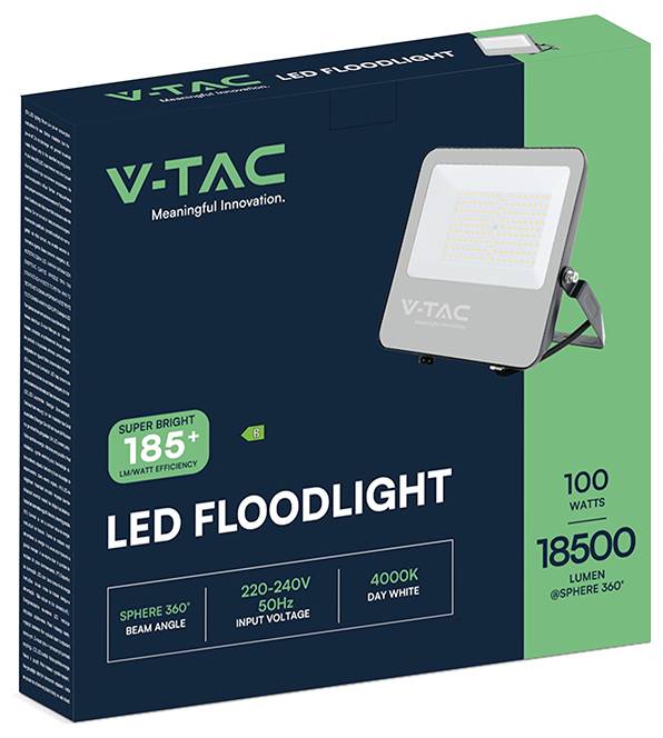 V-TAC LED Schijnwerper, 100 Watt, 18500 Lumen, 220-240V, 4000K Daglicht Wit, Super Helder