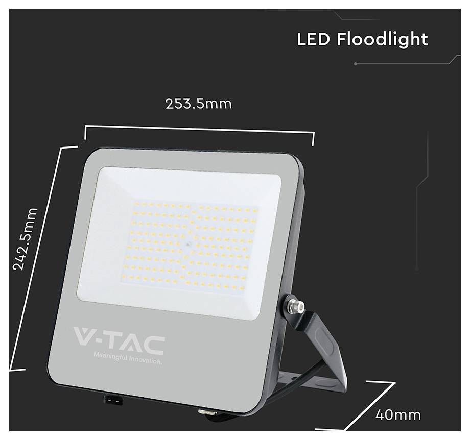 'LED-schijnwerper' met afmetingen: breedte 253,5 mm, hoogte 242,5 mm en diepte 40 mm. De afbeelding toont het productontwerp en de merknaam.