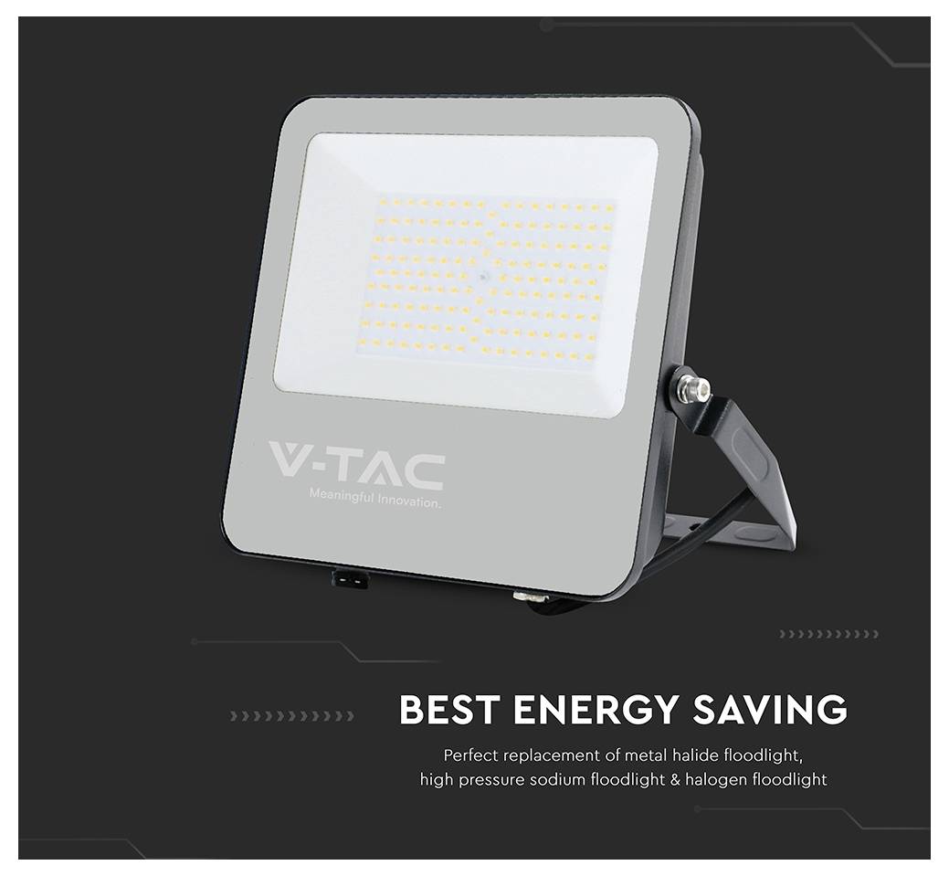 Een schijnwerper met LED-paneel, van het merk 'V-TAC', gelabeld als 'BESTE ENERGIE BESPAREND', geschikt voor het vervangen van traditionele schijnwerpers.