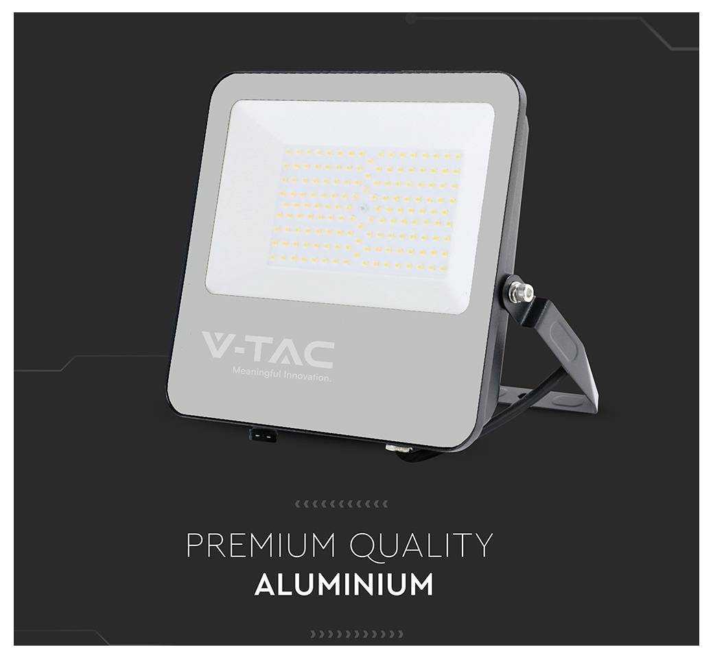 Een V-TAC LED schijnwerper met een zilveren aluminium frame en een display rooster van LED's; de tekst luidt 'Premium Quality Aluminium.'