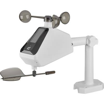 Een anemometer met kopjes en een windvaan, ontworpen voor het meten van windsnelheid en -richting, gemonteerd op een witte standaard.