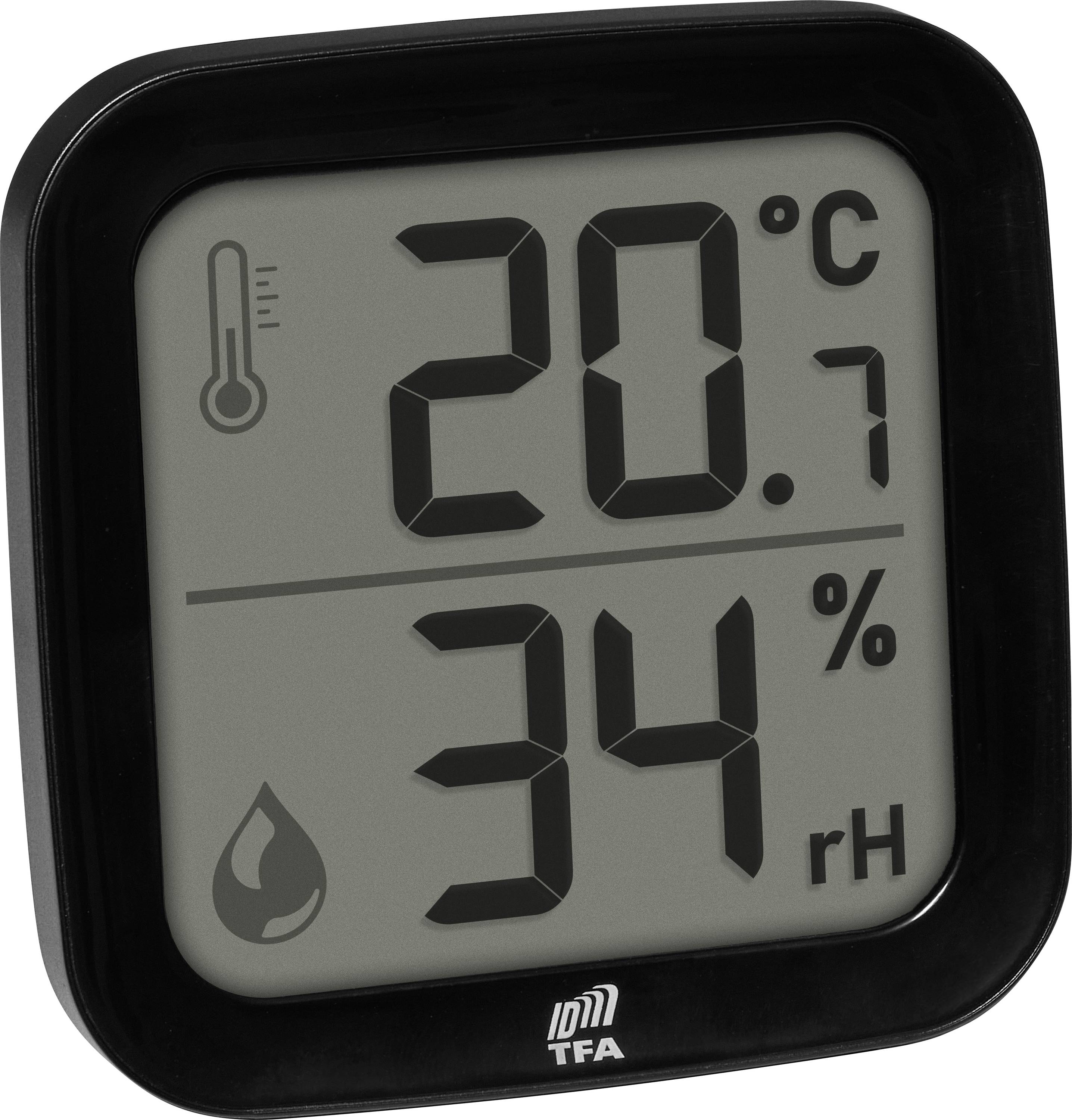 Digitale thermometer en hygrometer die 20,7 graden Celsius en 34% relatieve luchtvochtigheid aangeven.