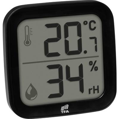 Digitale thermometer en hygrometer die 20,7 graden Celsius en 34% relatieve luchtvochtigheid aangeven.