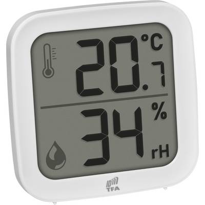 Digitale thermometer en hygrometer met weergave van '20,7°C' en '34% rH', die de kamertemperatuur en vochtigheidsgraad aangeven.