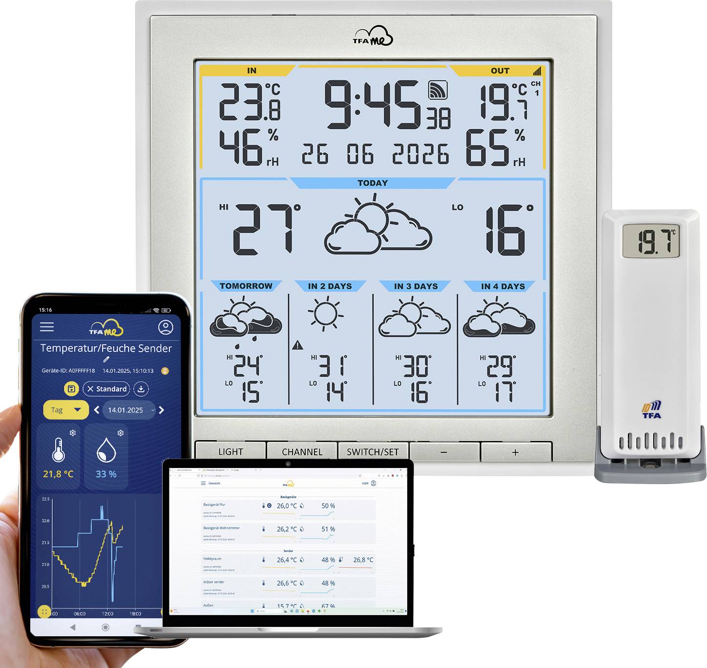 Weerstation display met temperatuur, datum, tijd en vier dagen voorspelling; app op smartphone en laptop toont temperatuurtrends.
