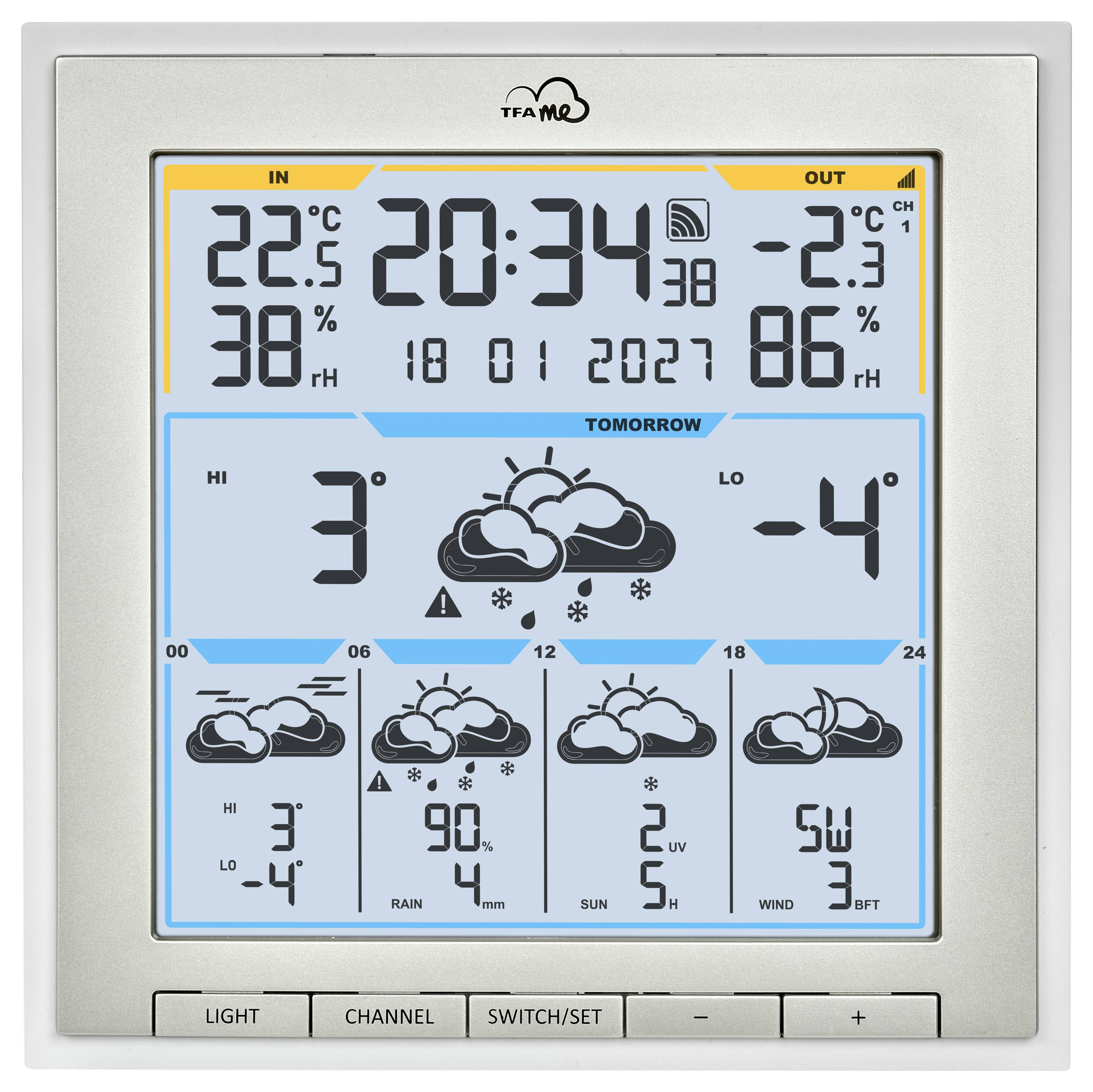 Digitaal weerstation display toont huidige binnentemperatuur van 22,5°C, buitentemperatuur van -2,3°C, luchtvochtigheid en een verwachting op sneeuw.