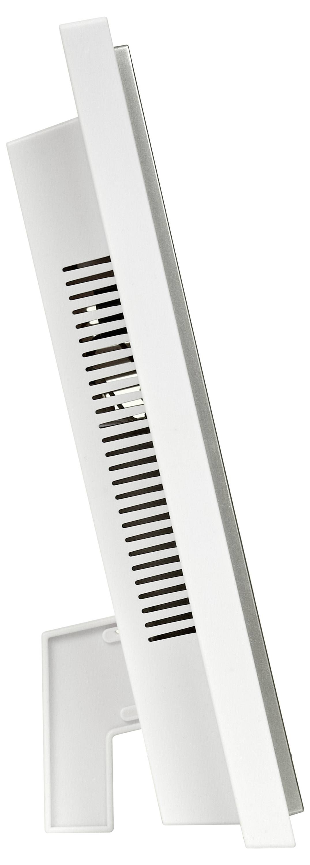 Zijaanzicht van een platte, witte monitor, met de nadruk op zijn slanke profiel en ventilatiesleuven.