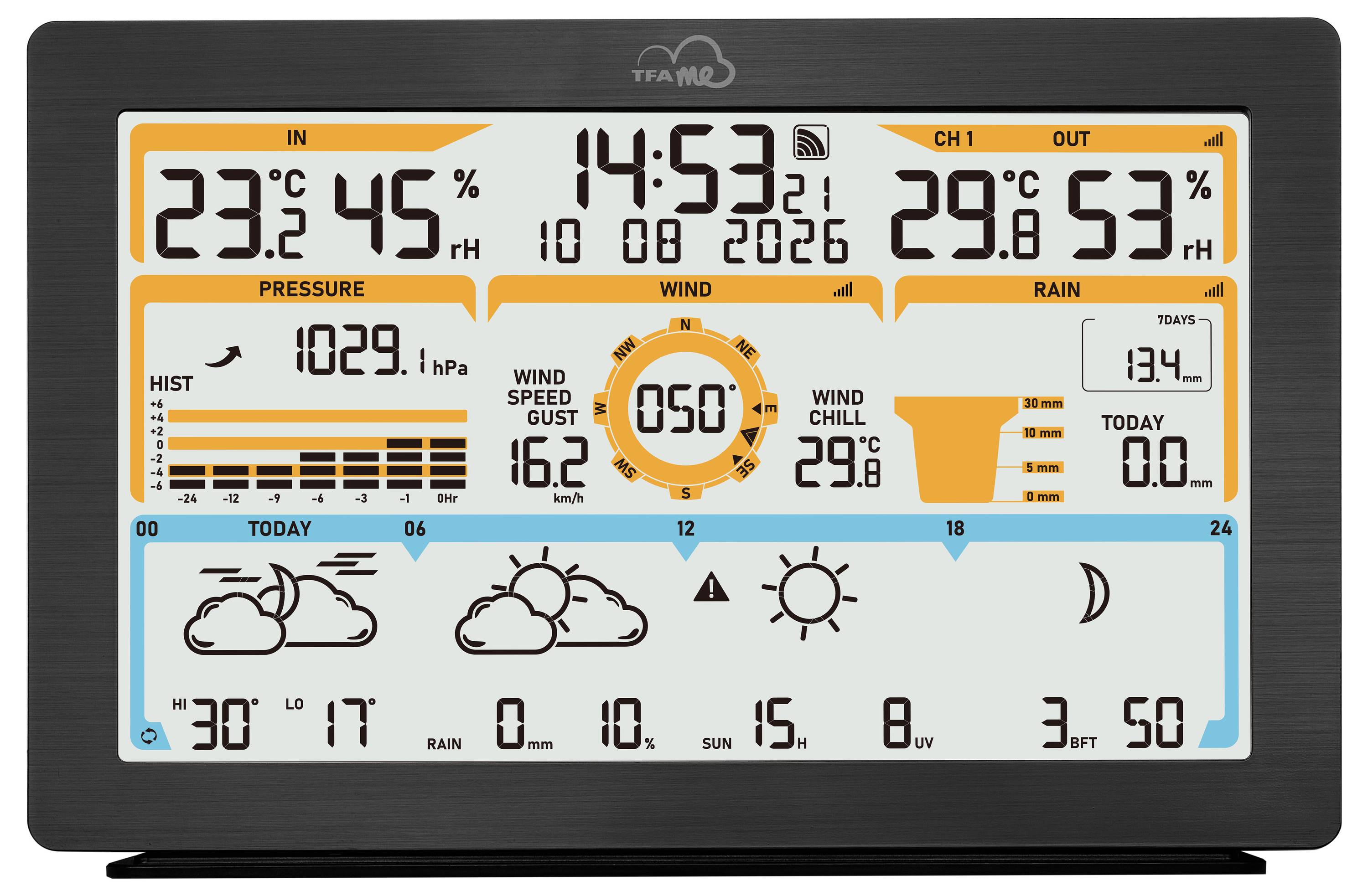 'Weerstation display toont binnentemperatuur 23,2°C, luchtvochtigheid 45%, buitentemperatuur 29,8°C, luchtvochtigheid 53%, druk 1029,1 hPa, windsnelheid 16,2 km/u.'