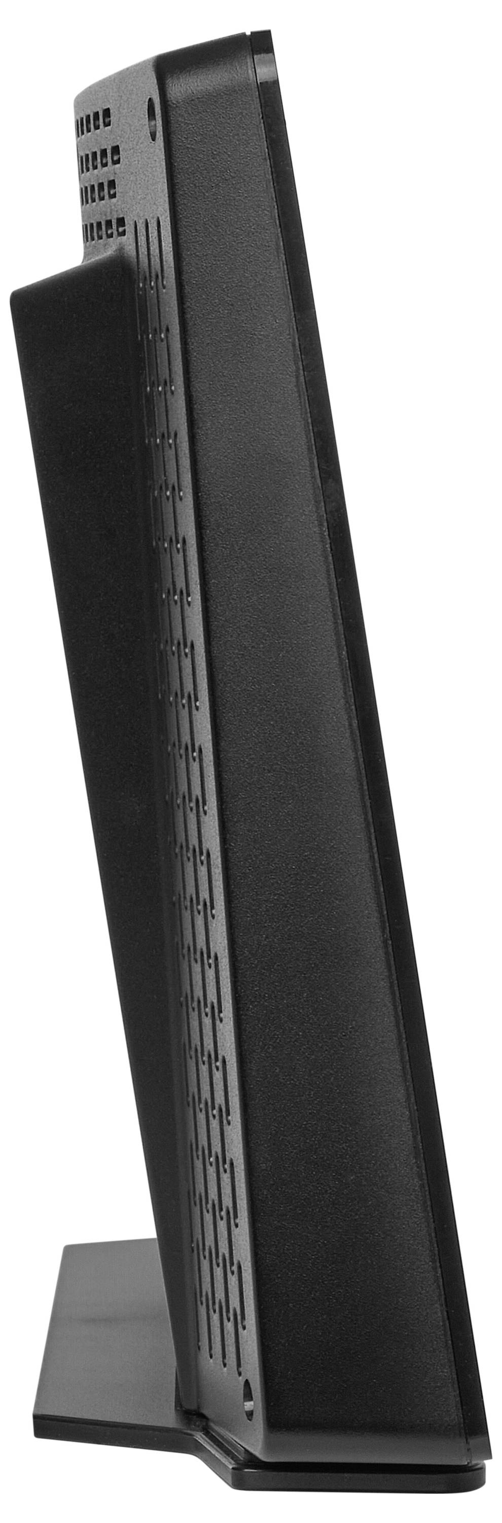 Een slanke, zwarte modem of router gezien van opzij met ventilatieopeningen langs zijn oppervlak, rechtop staand op een platte voet.