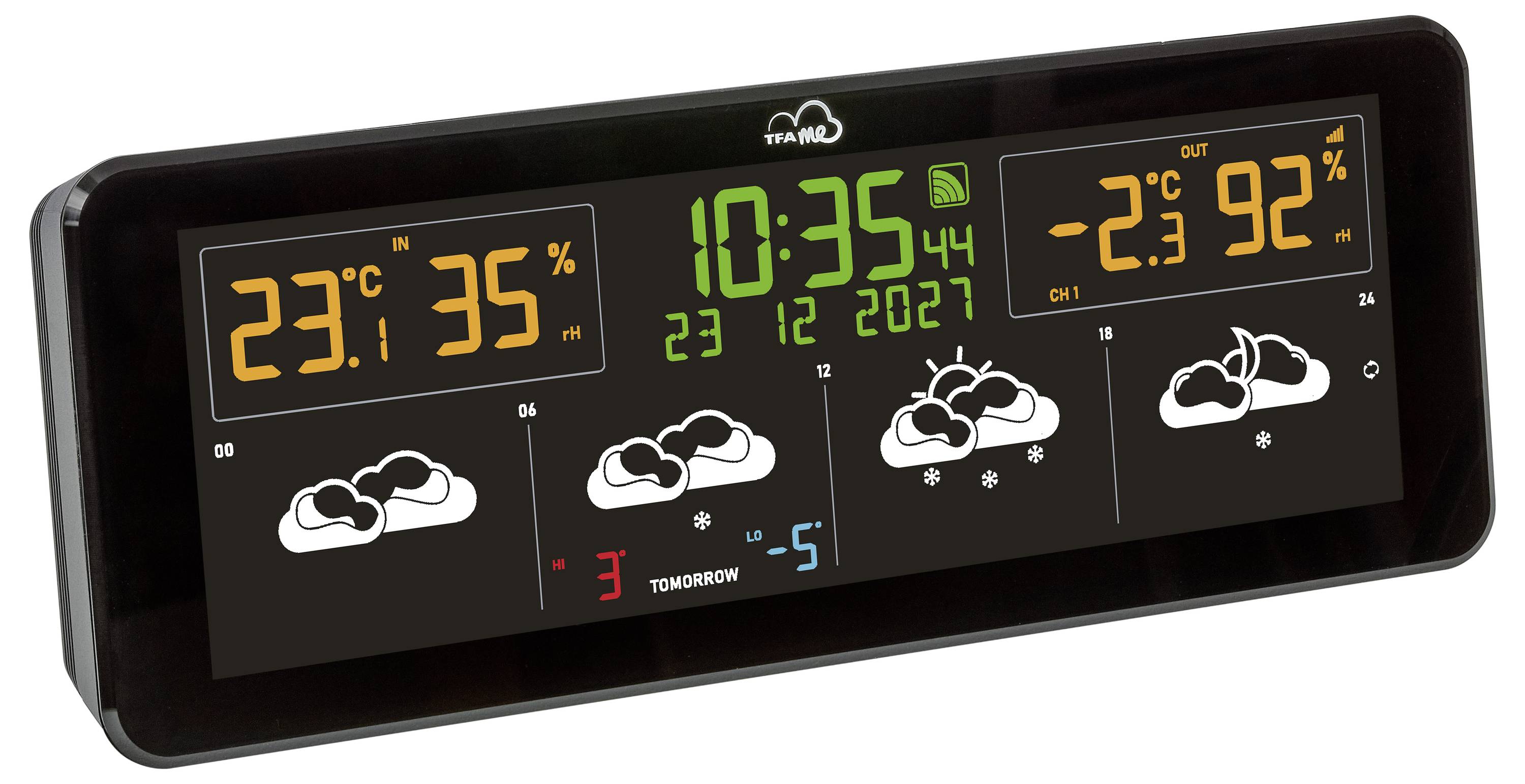 Digitaal weersdisplay met binnentemperatuur 23,1°C en 35% luchtvochtigheid, buitentemperatuur -2°C en 92% luchtvochtigheid, met tijd 10:35.