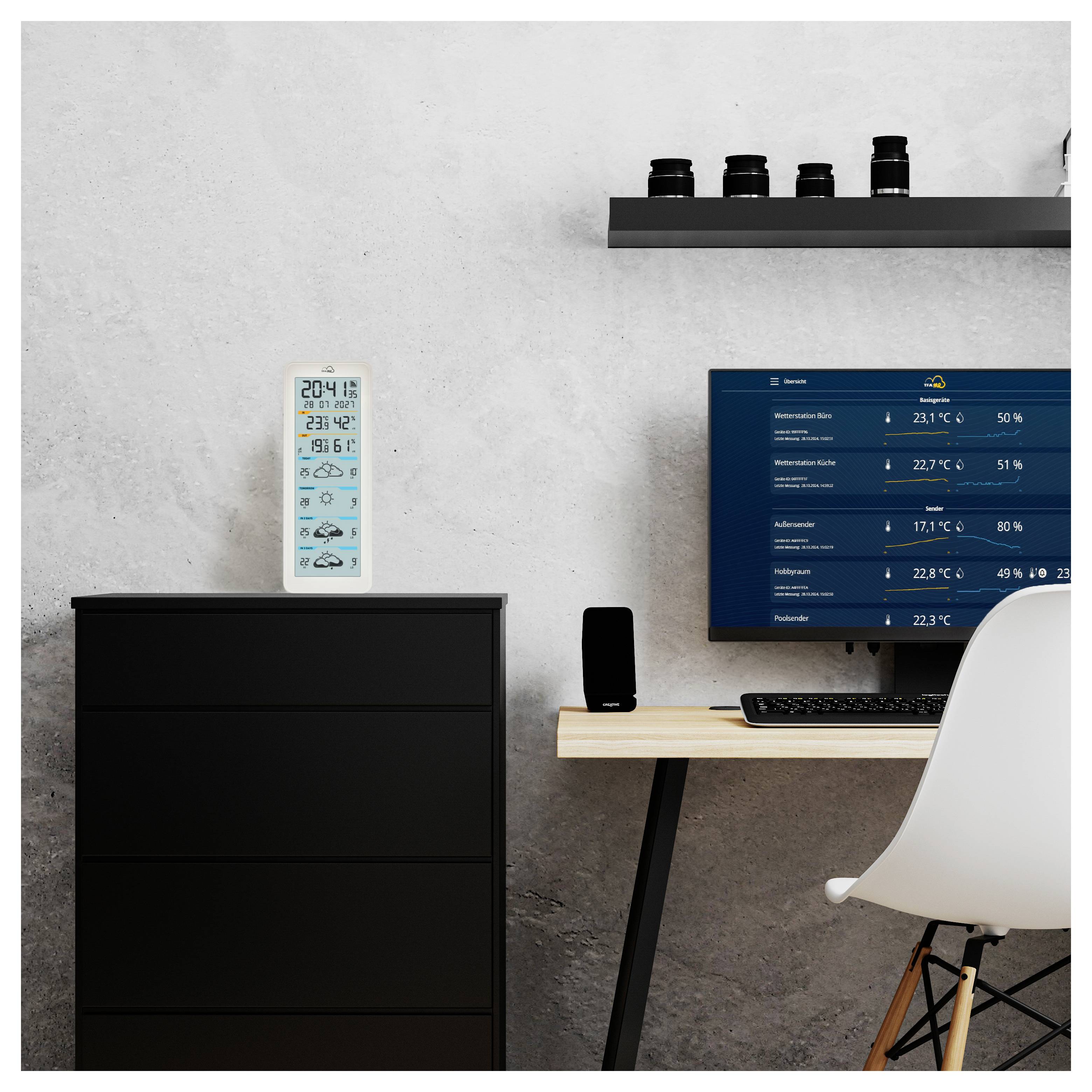 Een minimalistisch thuiskantoor met een bureau, stoel, monitor die weergegevens weergeeft, digitale klok met pictogrammen, en cameralensen op een plank.