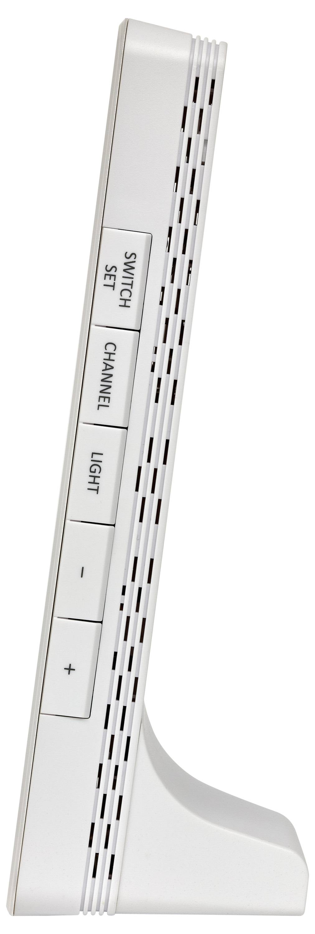Zijaanzicht van een wit elektronisch apparaat met knoppen met de labels 'SCHAKELAAR', 'INSTELLEN', 'KANAAL' en 'LICHT' naast een '+' en '-' knop.