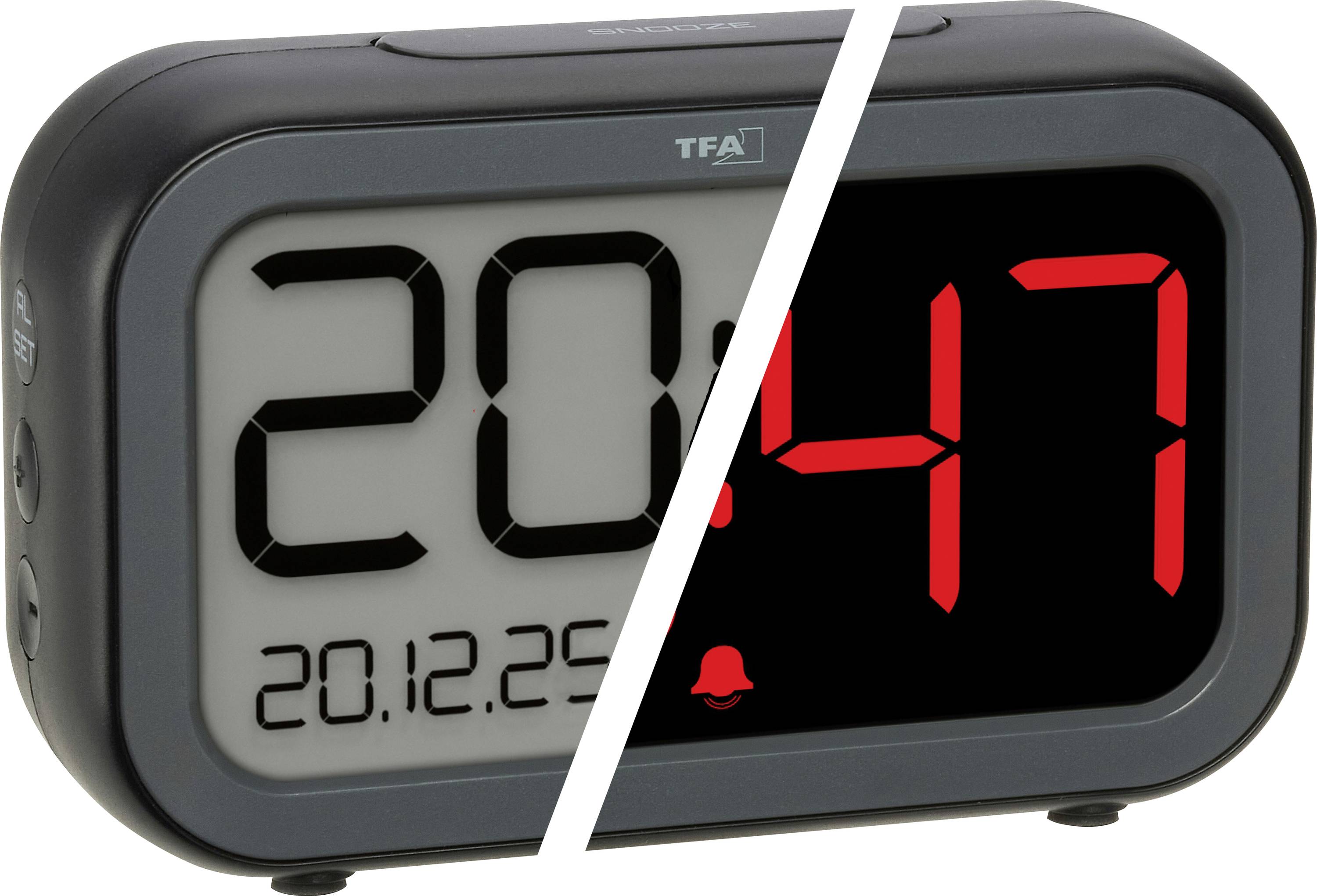 Digitale klok gesplitste afbeelding: links toont 20:12:29 in zwart op witte achtergrond, rechts toont 20:47 in rood op zwarte achtergrond.