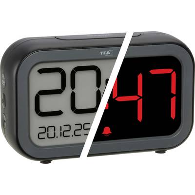 Digitale klok gesplitste afbeelding: links toont 20:12:29 in zwart op witte achtergrond, rechts toont 20:47 in rood op zwarte achtergrond.