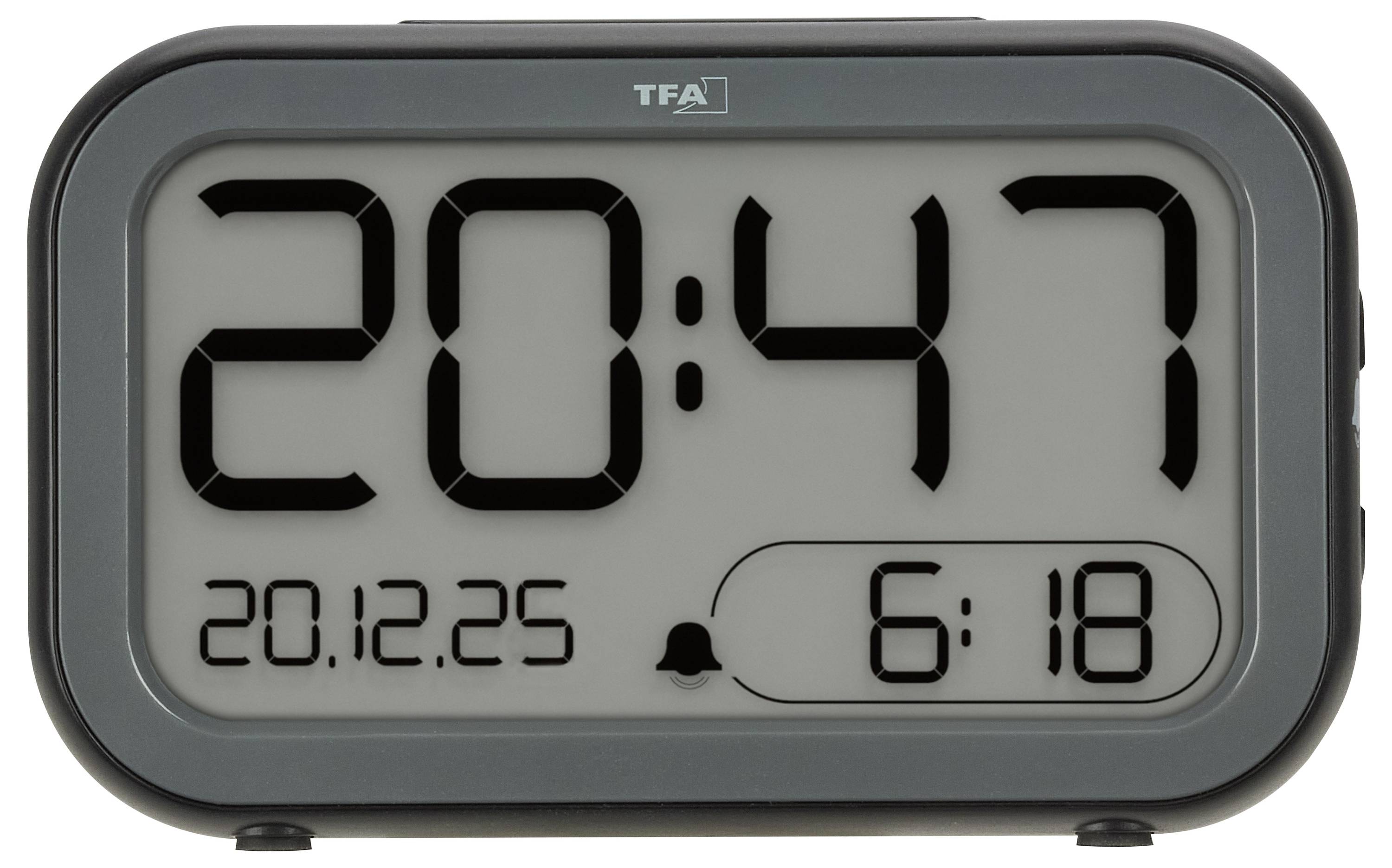 Digitale klok met '20:47', datum '20.12.25' en alarmtijd '6:18'.