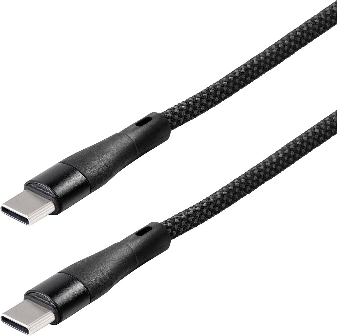 Twee zwarte gevlochten USB-C kabels op een witte achtergrond, gebruikt voor opladen en gegevensoverdracht.