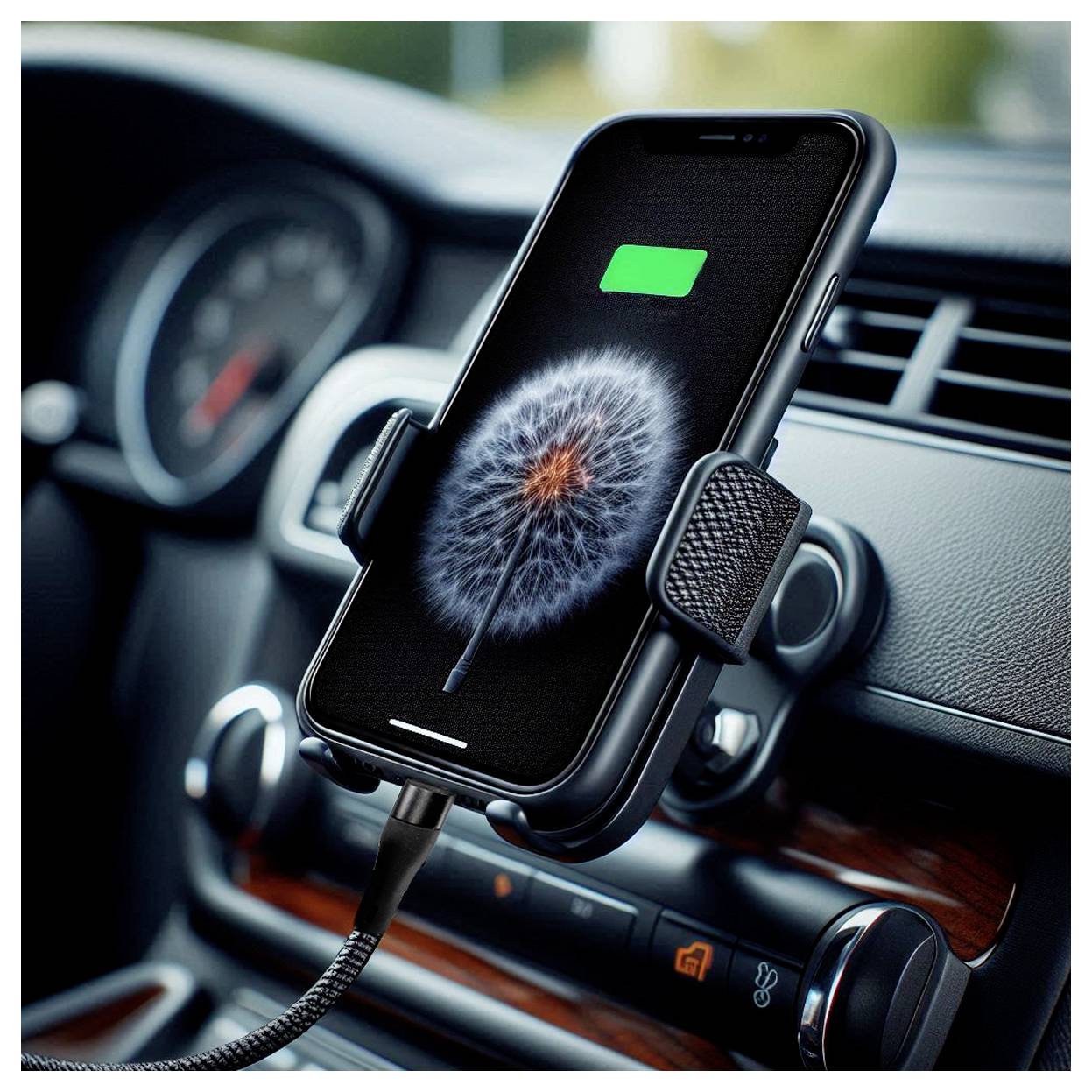 Een smartphone met een oplaadpictogram en een paardenbloem-achtergrond is bevestigd op een autodashboard, verbonden met een oplaadkabel.