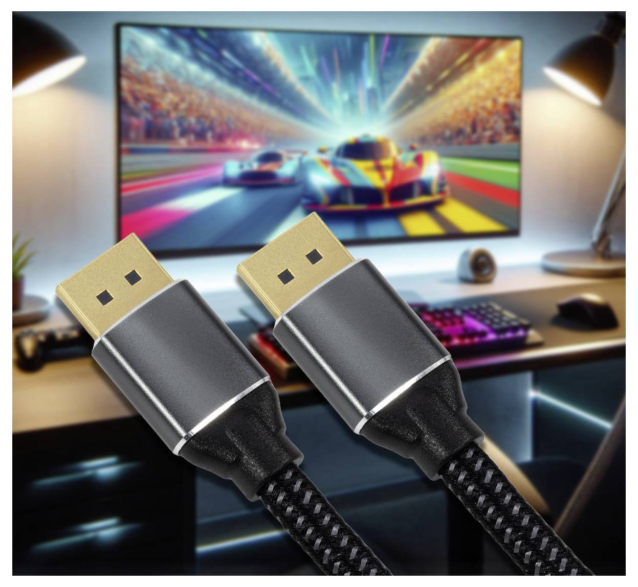 Twee DisplayPort-kabels op de voorgrond met een gamingsetup waarbij een racewagen te zien is op een breed scherm op de achtergrond.