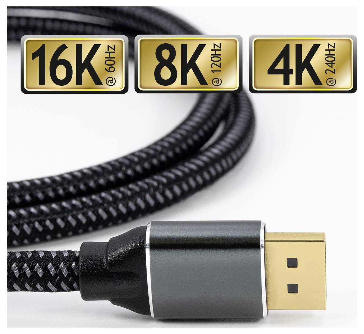 Close-up van een high-speed HDMI-kabel met weergave van resolutiemogelijkheden: '16K @ 60Hz', '8K @ 120Hz' en '4K @ 240Hz'.