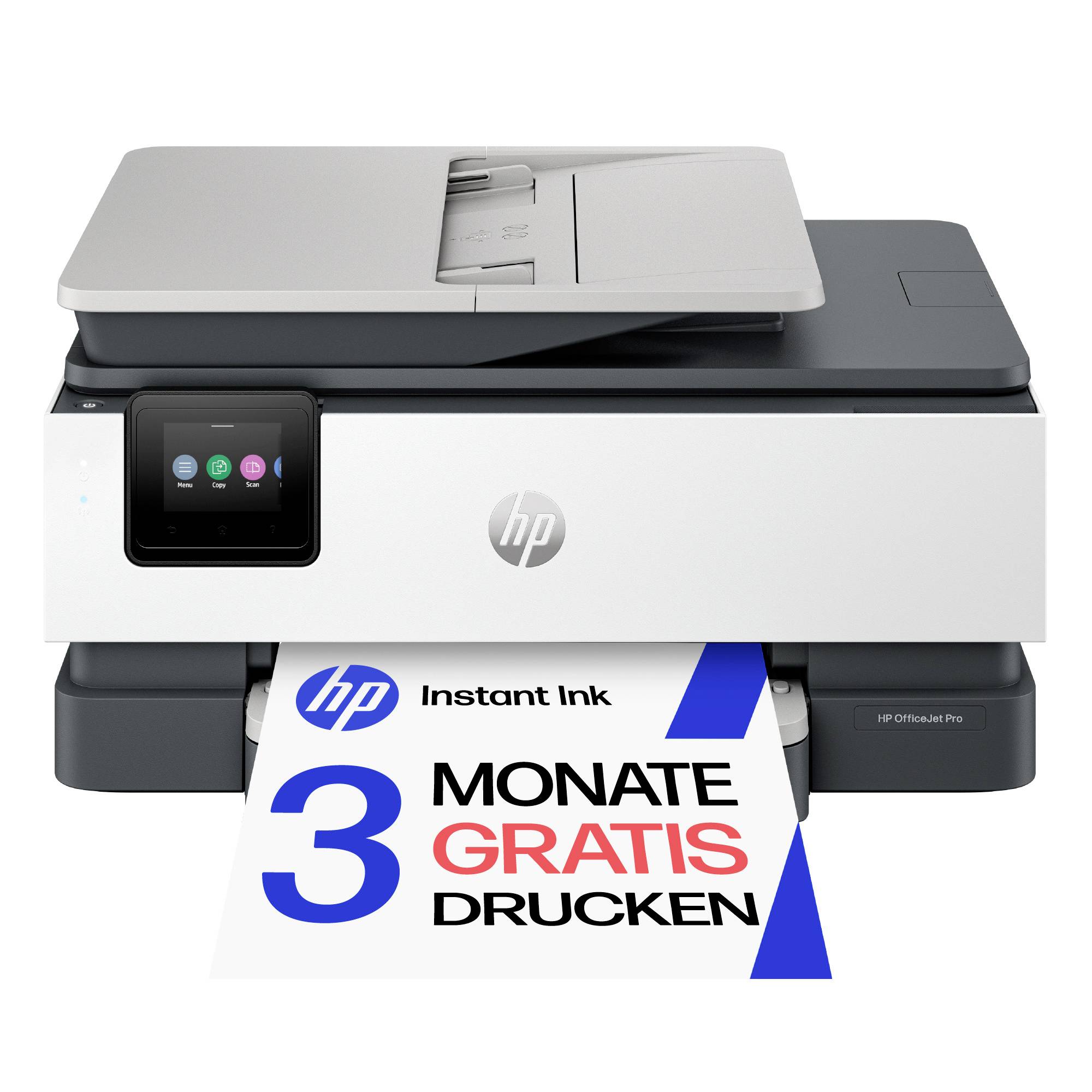 HP all-in-one printer die een promotievelletje afdrukt waarop staat '3 MAANDEN GRATIS AFDRUKKEN' en 'HP Instant Ink'.