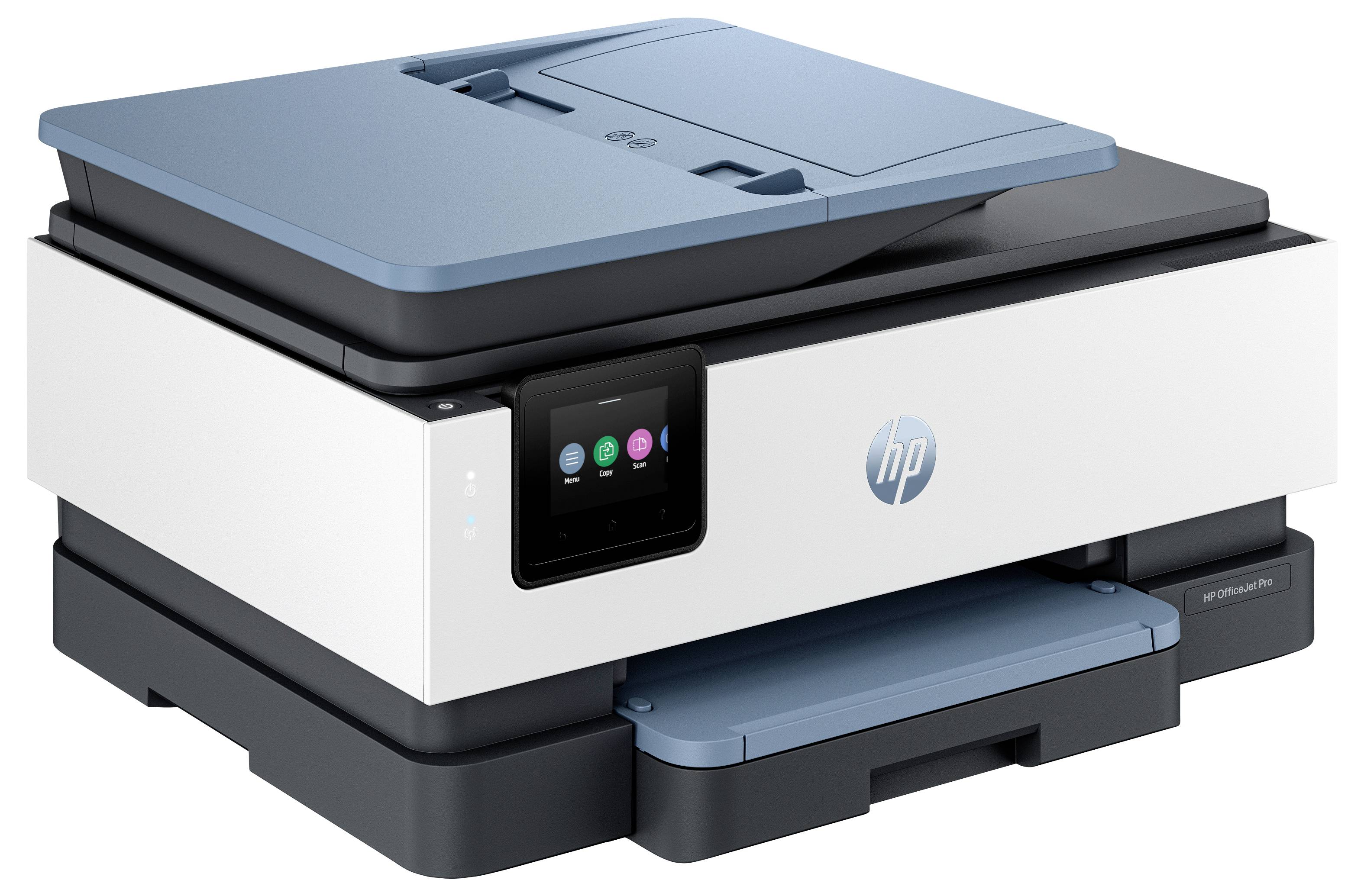 Een moderne, compacte all-in-one printer met een blauwe bovenkant en een klein display-scherm, geschikt voor thuis- of kantoorgebruik.
