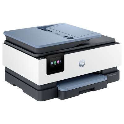 Een moderne, compacte all-in-one printer met een blauwe bovenkant en een klein display-scherm, geschikt voor thuis- of kantoorgebruik.