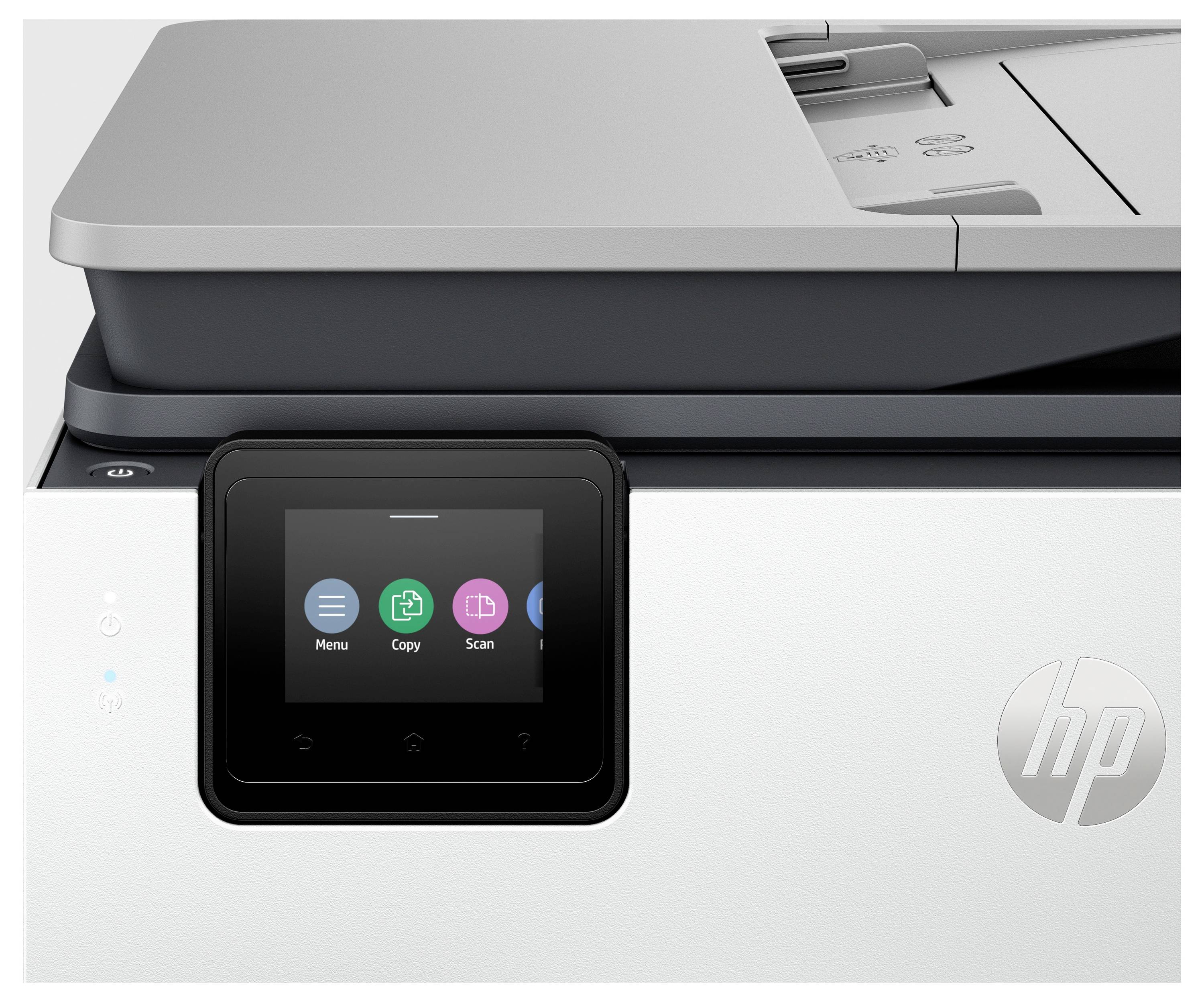 Een printer met een digitaal display waarop drie opties worden getoond: 'Menu', 'Kopiëren' en 'Scannen'. Het HP-logo is zichtbaar op het voorpaneel.