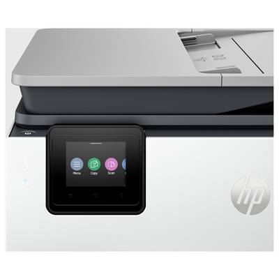 Een printer met een digitaal display waarop drie opties worden getoond: 'Menu', 'Kopiëren' en 'Scannen'. Het HP-logo is zichtbaar op het voorpaneel.
