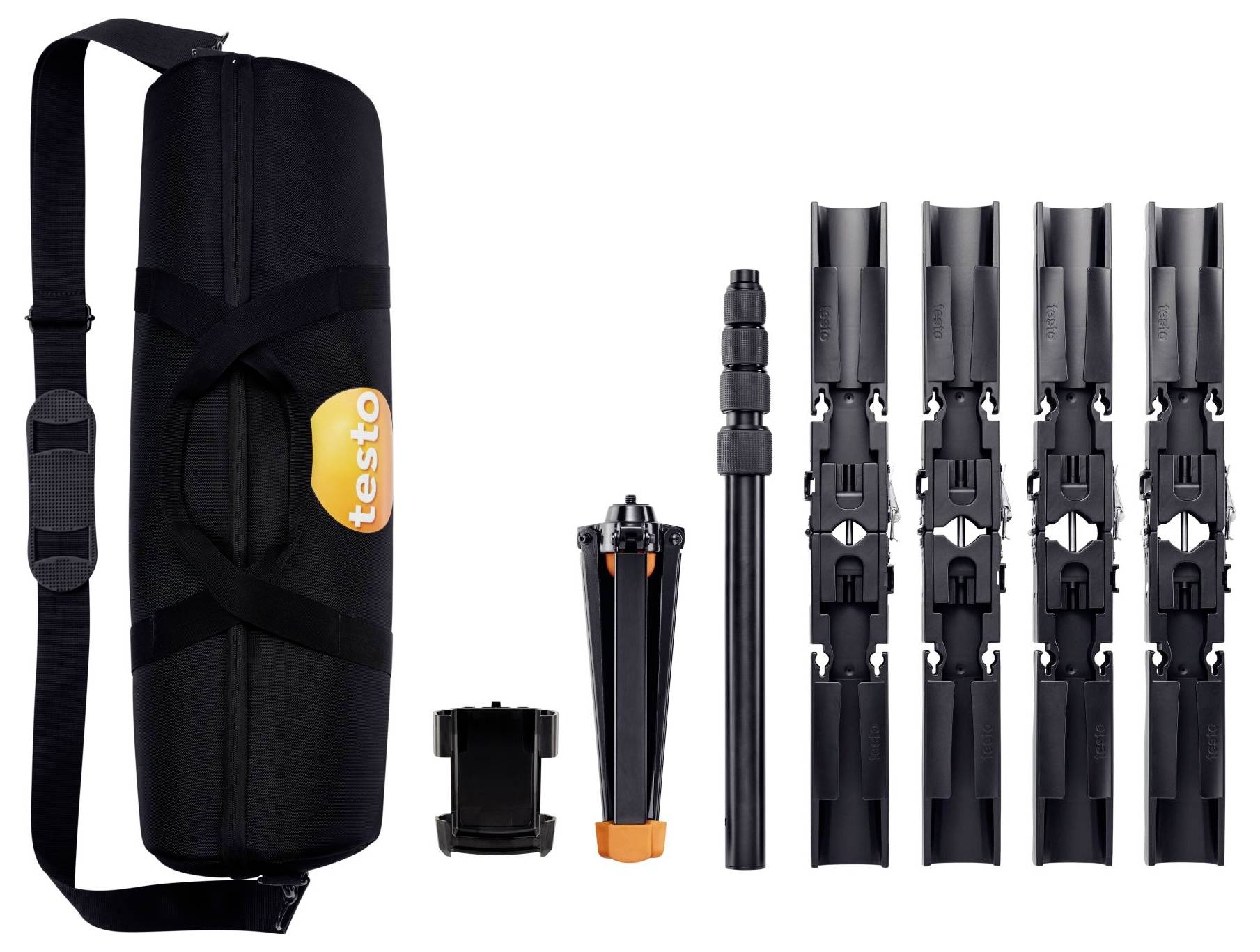 Een camera-statief kit met een zwarte draagtas, oranje en zwarte statiefvoet, telescopische stang, en vier zwarte statiefsecties tentoongesteld.