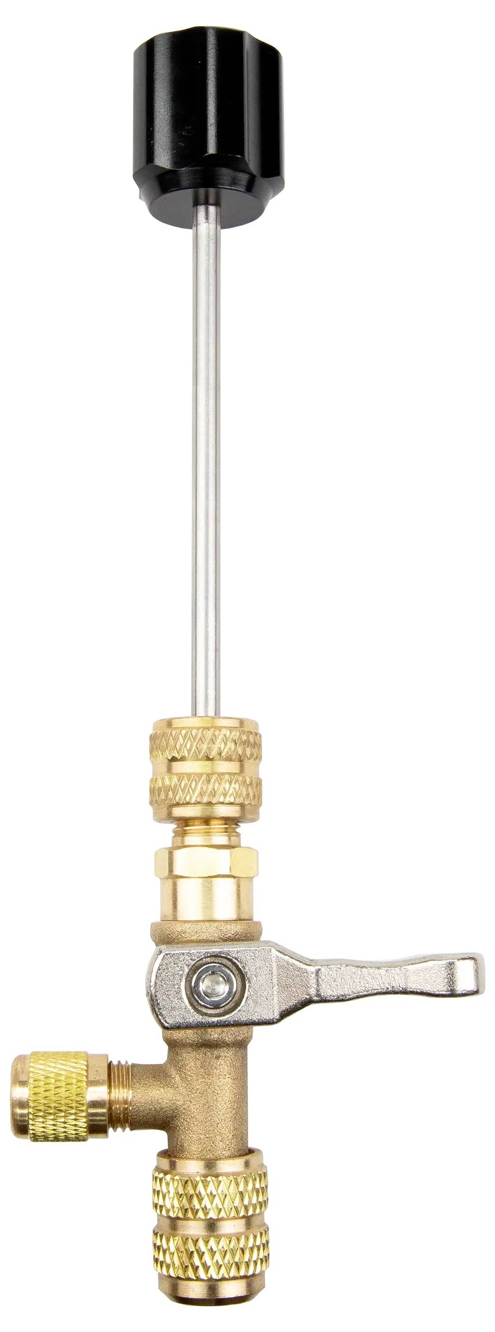 Een messing koelmiddel-afsluiter met een zwarte kunststof knop, gebruikt voor HVAC-systemen, voorzien van een lange metalen steel en een hefboom voor bediening.