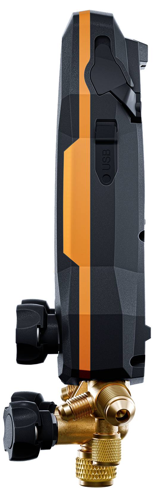 Een digitale manifold-drukmeter met oranje accenten en meerdere aansluitventielen wordt weergegeven in een productpresentatie.