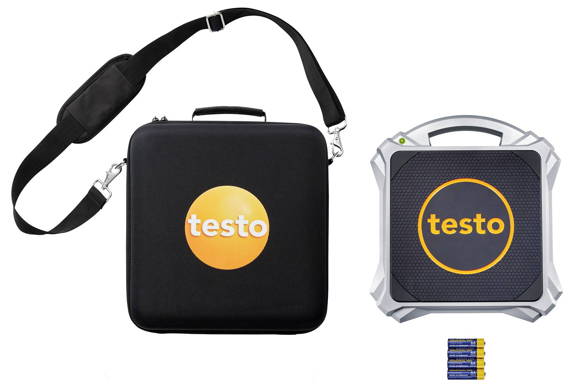 'Thermische beeldvormingskoffer en apparaat met batterijen. De koffer en het apparaat hebben beide het Testo-logo erop.'