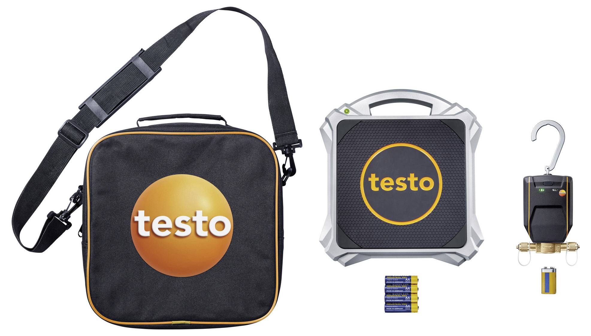 Draagbare testapparatuur set met een draagtas, een vierkaat apparaat met 'testo' logo, batterijen en een klein apparaat met een haak.
