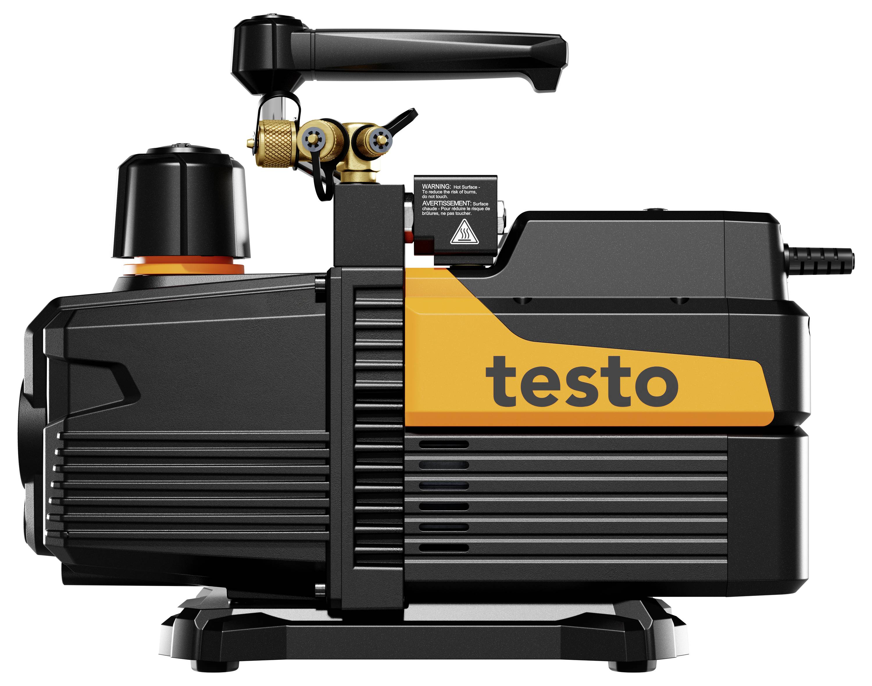Een zwarte en oranje vacuümpomp met 'testo' branding, voorzien van een handgreep en bedieningskleppen bovenop, ontworpen voor professioneel gebruik.