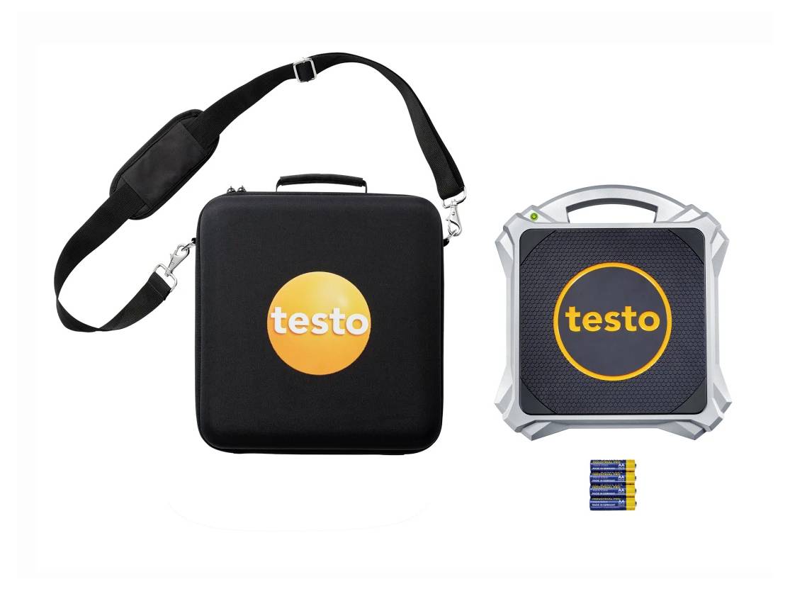 Draagbaar instrument met 'testo' merk, beschermende behuizing en vier AA-batterijen.