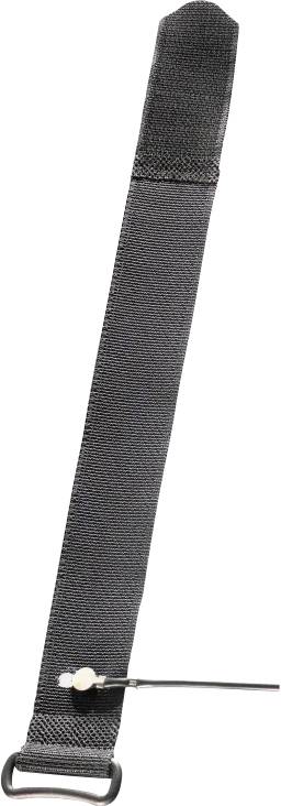 Een zwarte Velcro-riem met een haak aan het ene uiteinde en een kleine verstelbare lus nabij het midden, gebruikt voor het bevestigen of bundelen van voorwerpen.