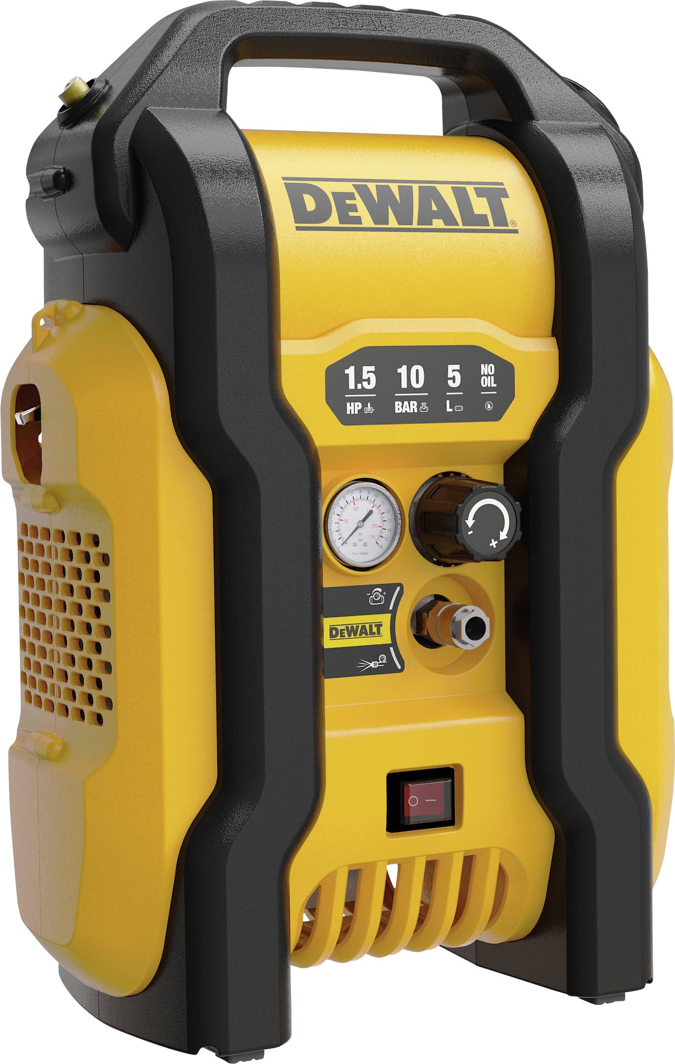 Een gele DeWalt luchtcompressor met zwarte accenten, met '1.5 PK', '10 BAR' en '5 L' aangegeven. Het beschikt over een drukmeter en regelknop.