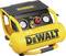 Een gele draagbare DeWalt-luchtcompressor met drukmanometers en een regelknop, ontworpen voor het opblazen en aandrijven van pneumatische gereedschappen.