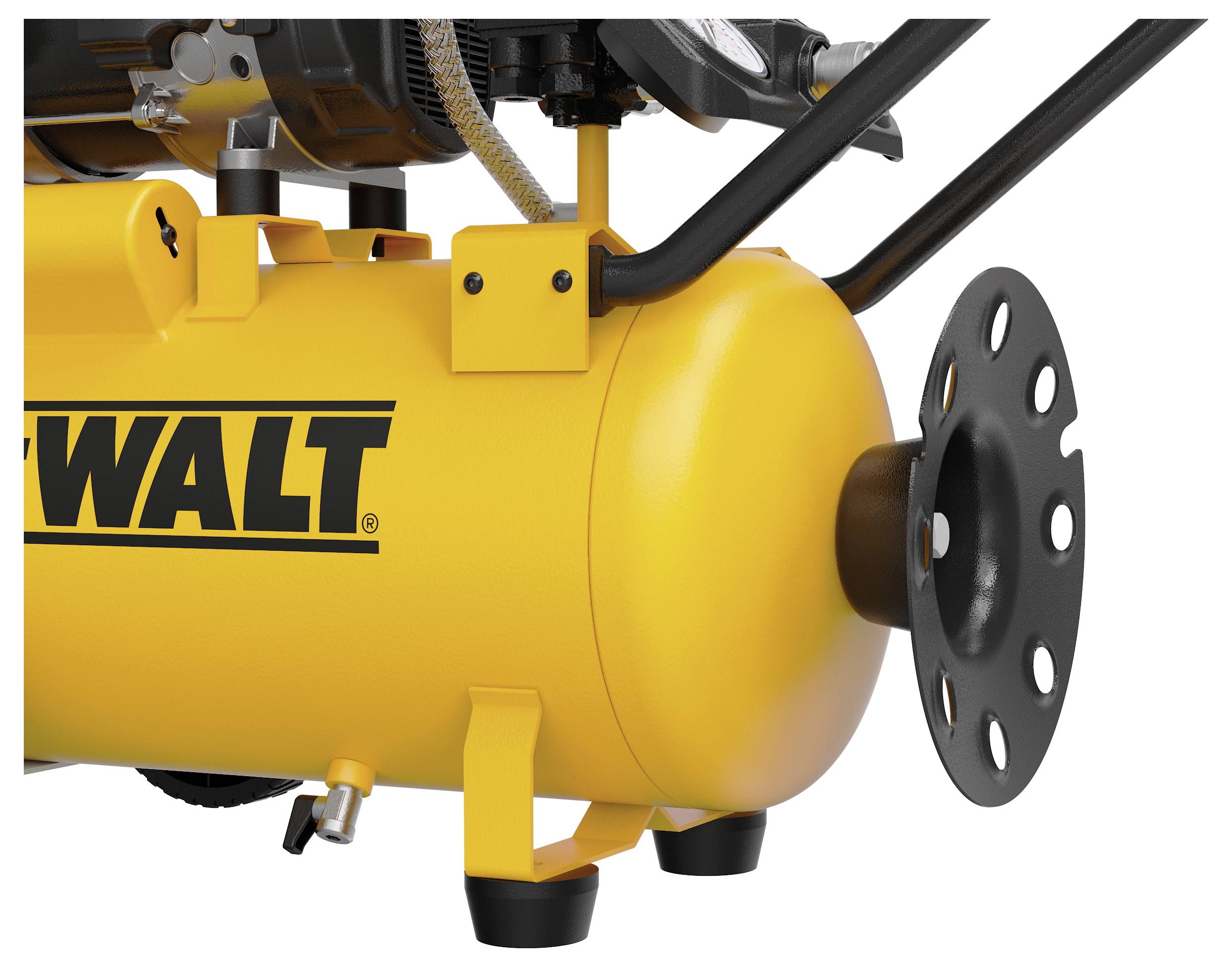 Een gele luchtcompressor met een zwart handvat en merklogo aan de zijkant. Het heeft een cilindrische tank en metalen ondersteuning aan de onderkant.