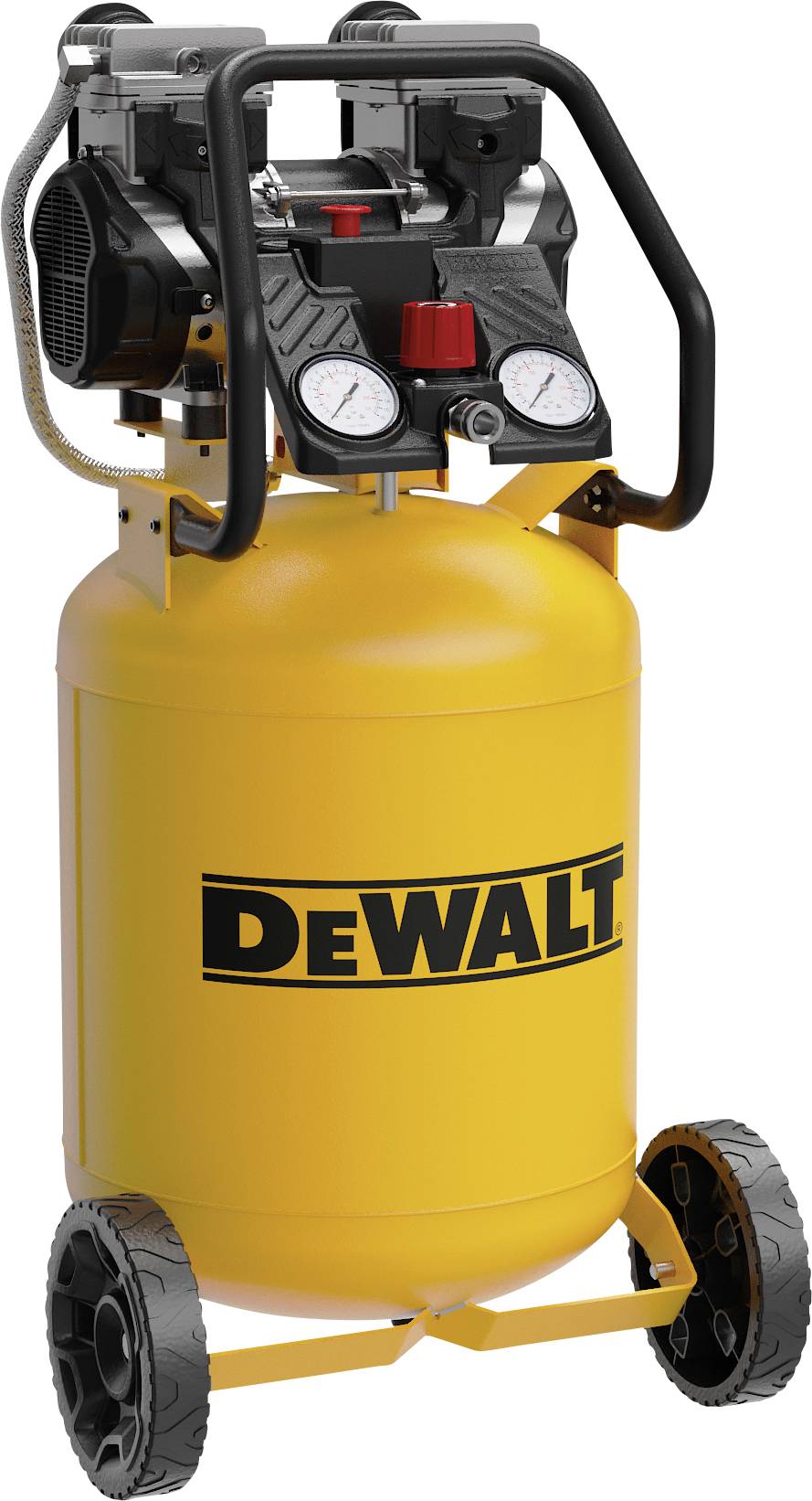 Een gele DEWALT luchtcompressor met wielen en twee drukmanonieters bovenop, ontworpen voor draagbaarheid en efficiëntie bij verschillende taken.