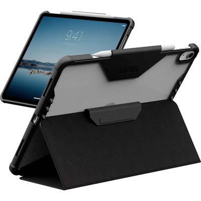 Er wordt een stevig tablethoesje getoond, geopend in een standpositie. Het tabletscherm vertoont een afbeelding van een meer en bergen met de tijd '9:41'.