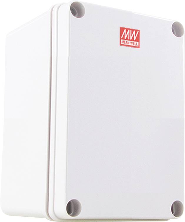 Een witte MEAN WELL behuizing met een rood logo aan de voorkant, ontworpen voor het herbergen van elektronische componenten.