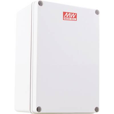Elektrische behuizingsbox met een rode 'MEAN WELL' label, met een wit rechthoekig ontwerp en afgeronde hoeken.