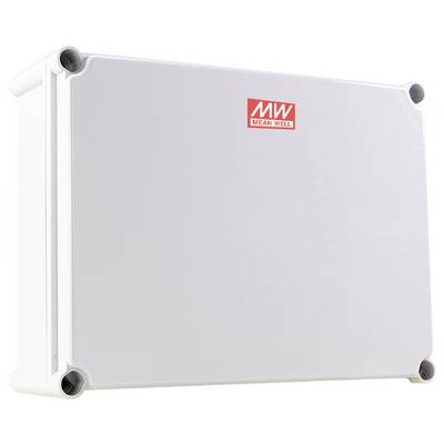 Een grijze Mean Well verdeeldoos met een rood logo aan de voorkant, voorzien van afgeronde randen en ontworpen voor de behuizing van elektrische componenten.