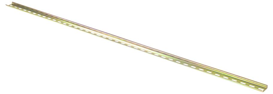 Een metalen montagespoor met gelijkmatig verdeelde gaten, gebruikt voor het bevestigen van apparatuur of componenten.
